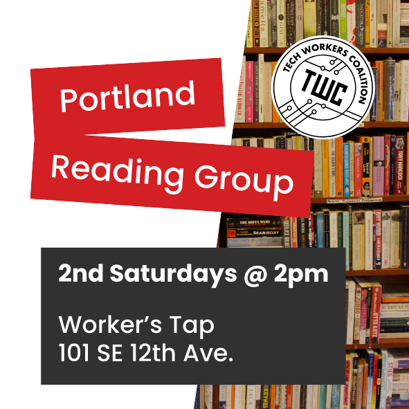 Marketing image for Portland, Oregon USA meetup with an image of shelves of books